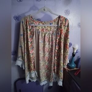 Unbranded Floral Kimono With Lace Trim